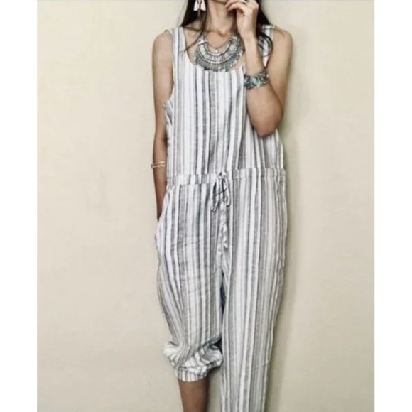 NEW DREW Anthropologie Linen Striped Sleeveless Jumpsuit Aqua Olive Medium